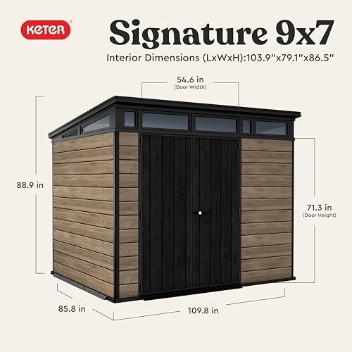 keter signature collection 9x7 ft all-weather storage shed shown in use