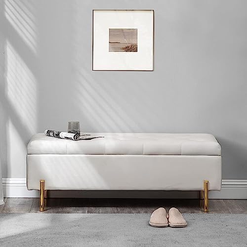 45.6 inch velvet storage bench upholstered tufted settee, front angle view
