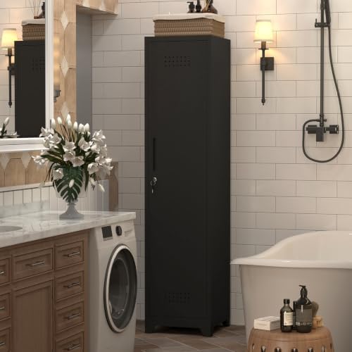 utility closet for cleaning supplies, black metal storage shown in use
