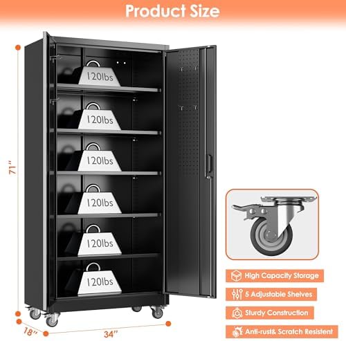 metal garage storage cabinet with wheels and pegboard, close-up detail