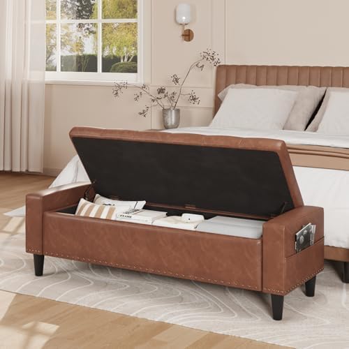 60" storage ottoman bench, faux leather upholstered bed, close-up detail
