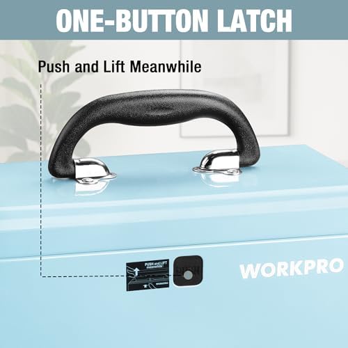 workpro 10.8" mini metal tool box with removable, close-up detail