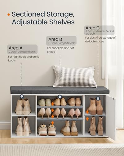 songmics home shoe storage bench, snapsemble superfast assembly showing dimensions