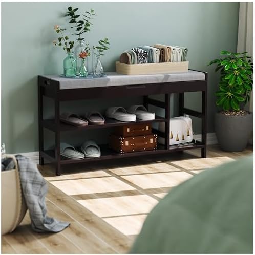 2-tier shoe rack bench with flip-top storage, 36", close-up detail