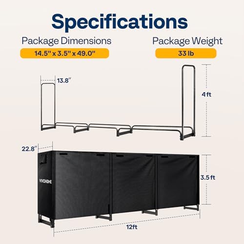 vivohome 12 ft heavy duty firewood rack outdoor showing dimensions