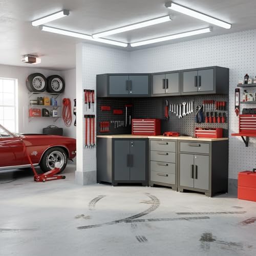 8-pcs garage storage cabinet system, black and grey on a desk or shelf
