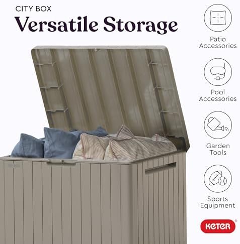keter city 30 gal outdoor storage box and showing dimensions