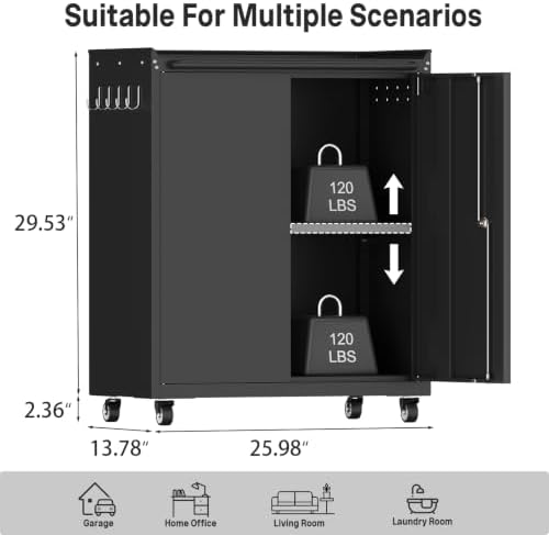 metal garage storage cabinet with wheels, lockable rolling, close-up detail