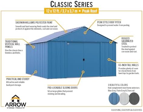 arrow classic metal shed, 12 x 12, flute, front angle view