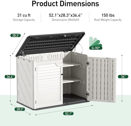 31 cu.ft outdoor storage shed, lockable vertical resin on a desk or shelf