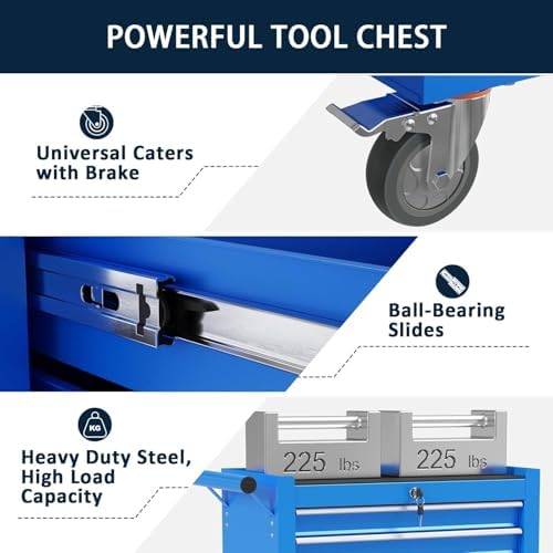 7-drawer metal rolling tool chest with wheels,tool storage, side view