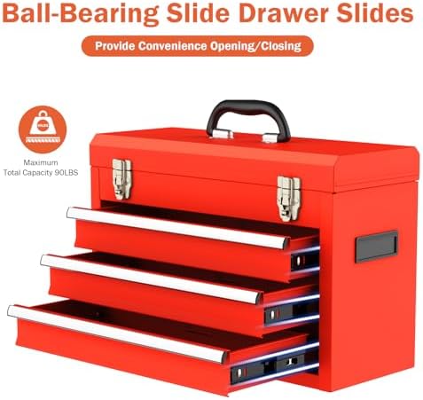 3 drawer metal tool box, heavy duty steel, close-up detail