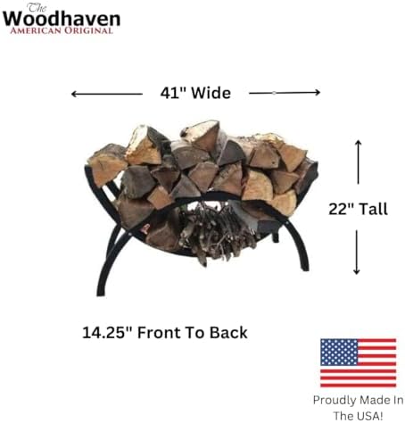 woodhaven black 3-foot crescent firewood rack, with cover shown in use