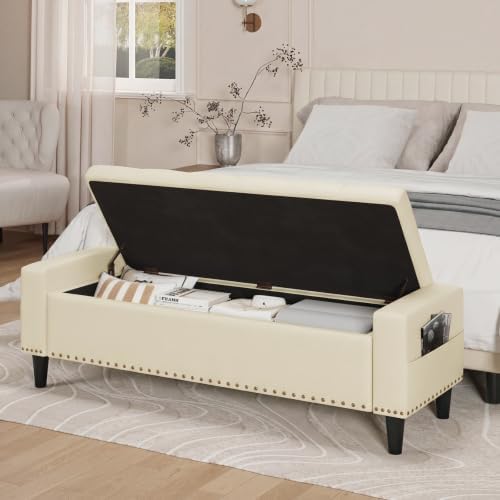 60" storage ottoman bench, faux leather upholstered bed, close-up detail