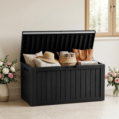 80 gallon outdoor storage box, waterproof resin deck, front angle view