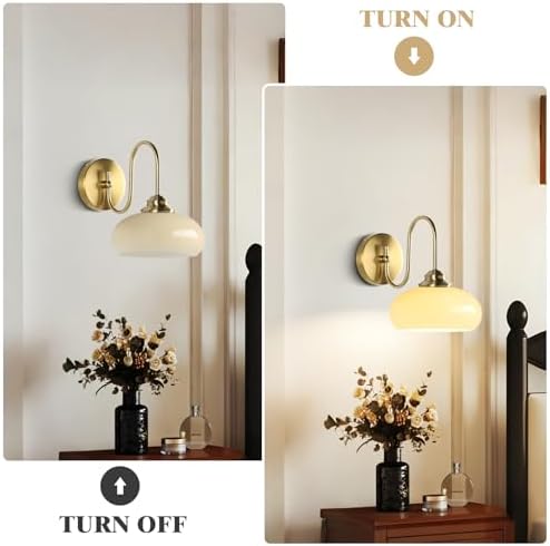 KCO Brass Gold 7.9” Vintage Cream Yellow Dome Glass Wall Sconces Set of 2 | E26 Base Hardwired, Up/Down Mounted, Mid Century Modern Gooseneck Wall Lamp for Bathroom Vanity Bedroom Hallway Entryway Bar