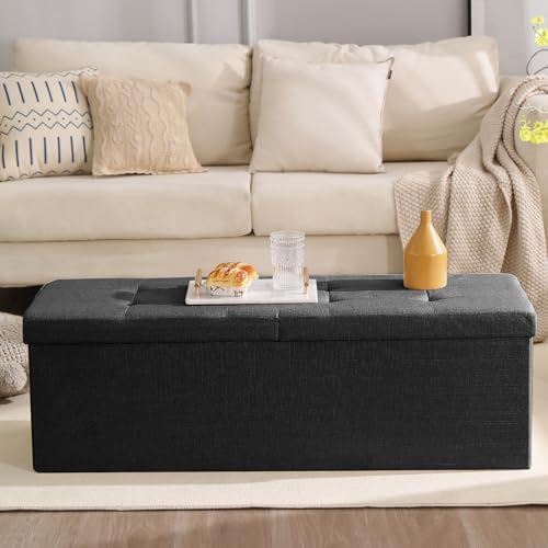 storage ottoman bench foldable footrest foot stool, 45" shown in use