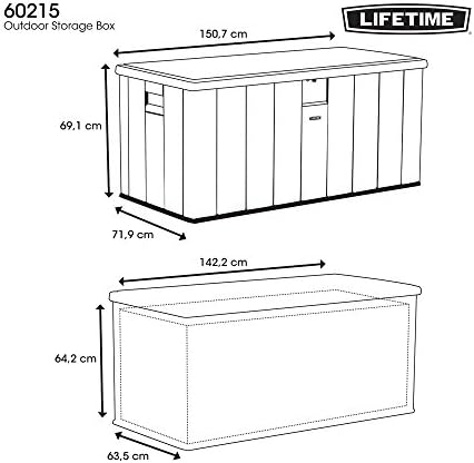 lifetime outdoor storage box, 150 gallon on a desk or shelf