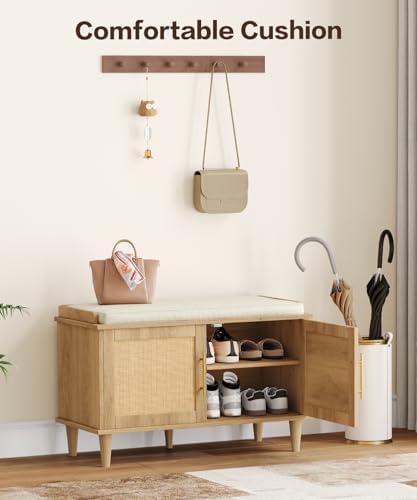 akxomel 31.5" rattan shoe storage bench 2 doors showing dimensions