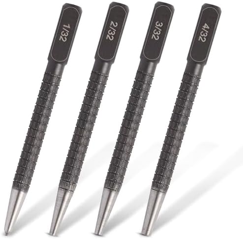 4-Piece Center Punch Set with Sizes 1/32"-4/32" | Hardened steel precision punches & nail set. sizes: 1/32", 2/32", 3/32", 4/32". for metalworking, woodworking, drilling.