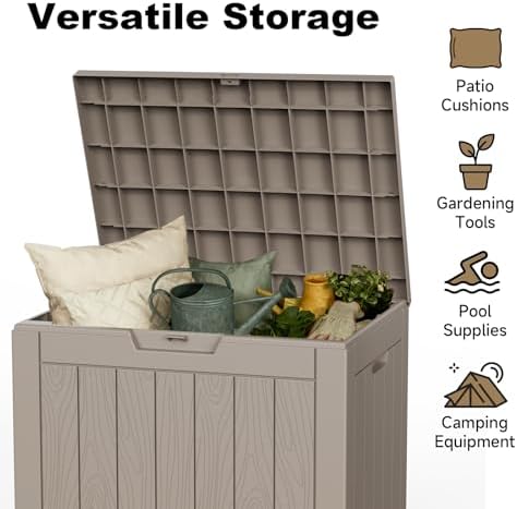 35 gallon outdoor storage box, lockable waterproof deck, side view