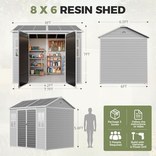 restland 8x6 ft resin storage shed with floor shown in use