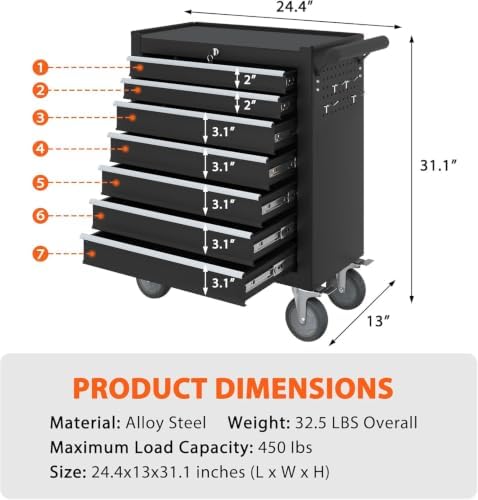 7-drawer rolling tool chest, tool box with 4, close-up detail