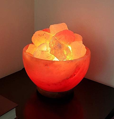 Himalayan Salt Lamp Bowl with Natural Crystal Chunks, Dimmer Cord and Classic Wood Base Premium Quality Authentic from Pakistan