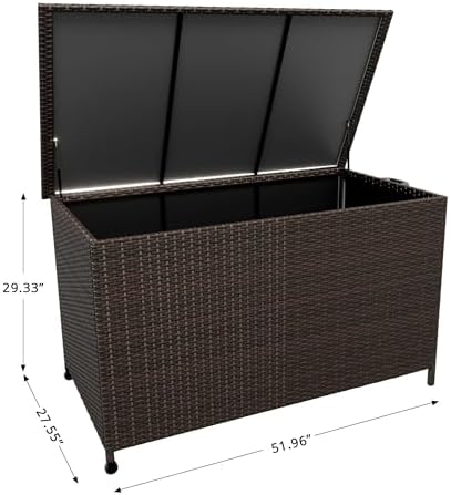 wicker deck box, 185 gallon all-weather outdoor storage shown in use