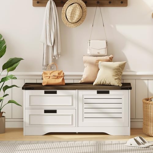 fatorri shoe storage bench with flip drawer, wooden on a desk or shelf