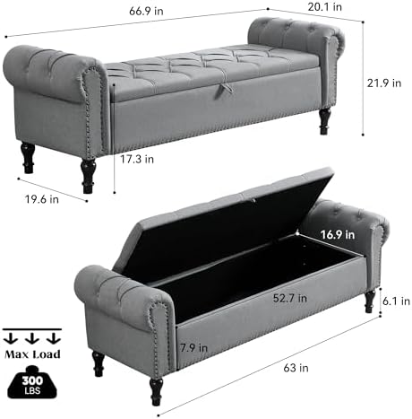 67 inch storage bench for bedroom, linen end shown in use