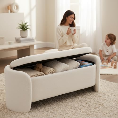 lukealon 50" wide sherpa storage bench, white showing dimensions