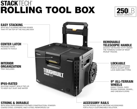 toughbuilt stacktech rolling tool box with 9-inch wheels shown in use