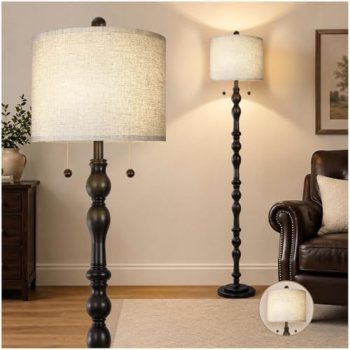 Scenekoy 65.5" Retro Farmhouse Real Wood Floor Lamp for Living Room Office | Dual Pull Chains Switch, Linen Shade, LED Bulb Included, Solid Wood Base, Dark Gray Rustic Standing Lamp, Bedroom Tall Lamp