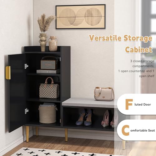storage bench with fluted door&shelf, l-shaped entryway bench showing dimensions