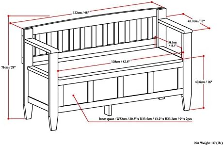 simplihome brooklyn 48" wide solid wood storage bench shown in use