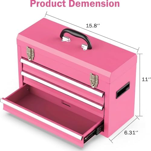 portable metal tool box, 3 drawer steel tool, side view