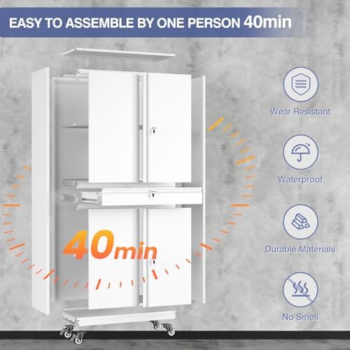 73" metal garage storage cabinet with wheels， rolling, front angle view