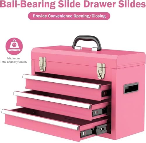 portable metal tool box, 3 drawer steel tool showing dimensions