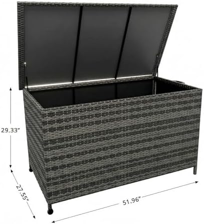 wicker deck box, 185 gallon all-weather outdoor storage shown in use