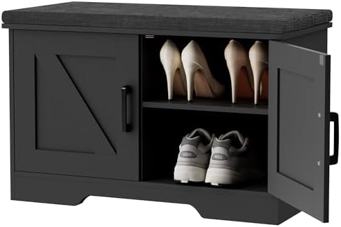 homsho farmhouse shoe storage bench with 2 barn, front angle view