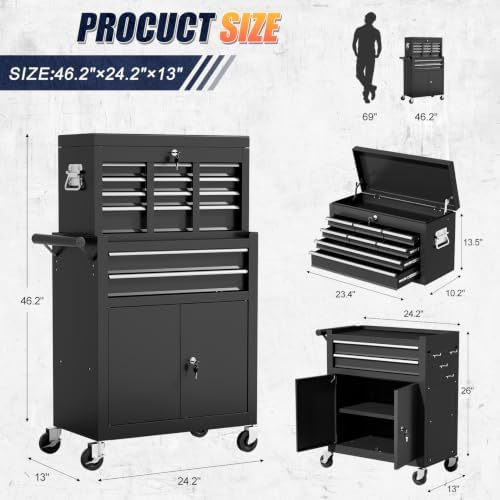 10-drawer rolling tool chest with wheels, lockable 2-in-1, close-up detail