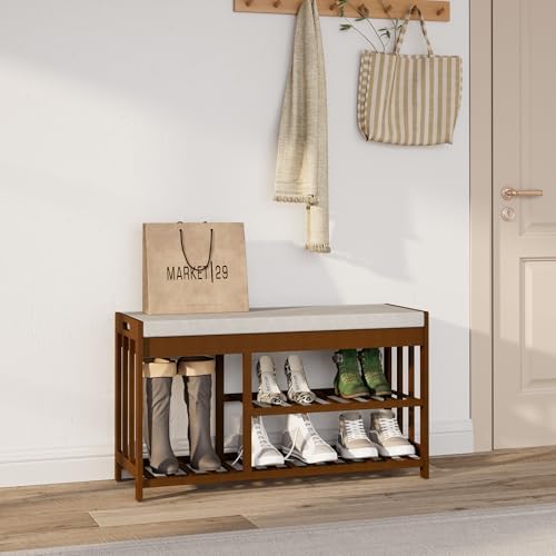 bamboo shoe storage bench with cushioned seat 3-tier, front angle view