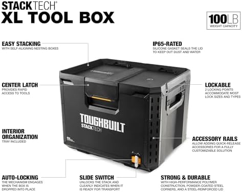 toughbuilt stacktech xl stackable tool box with lock shown in use