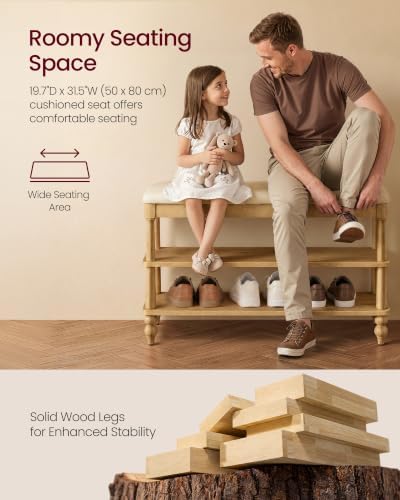 vasagle 2-tier shoe bench, wooden entryway bench, 31.5 showing dimensions