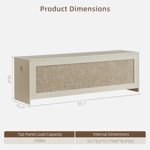 55.1" storage chest extra large,rattan storage bench(white cream), front angle view