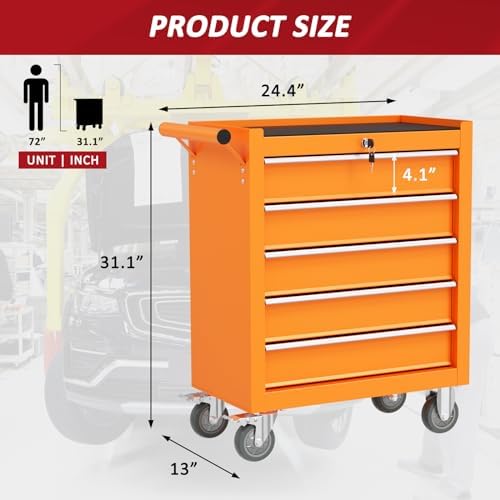 5 drawers rolling tool chest with wheels, portable shown in use