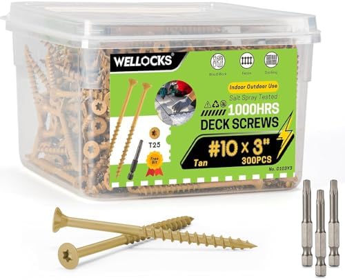 WELLOCKS #10 x 3 in Deck Screws, Tan 300 PCS with T25 Bits | 1000+ Hour Salt Spray Coating, T25 Star Drive Wood Screws for Outdoor Fences, Decks, and Treated Lumber.