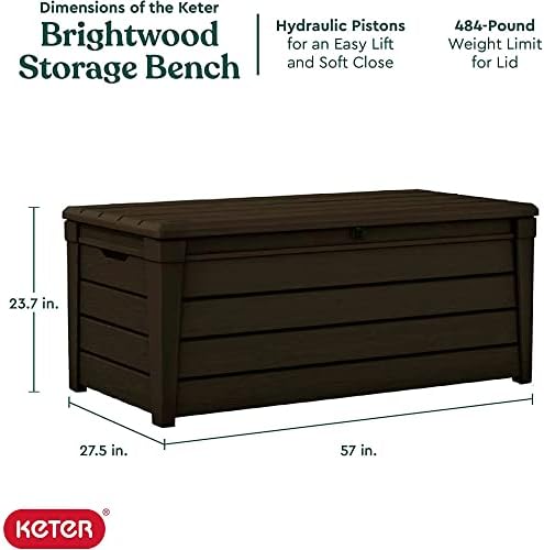 keter brightwood outdoor storage deck box, 120 gallon showing dimensions