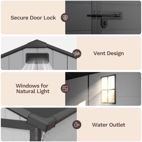 patiowell 8x8 ft plastic outdoor storage shed with showing dimensions